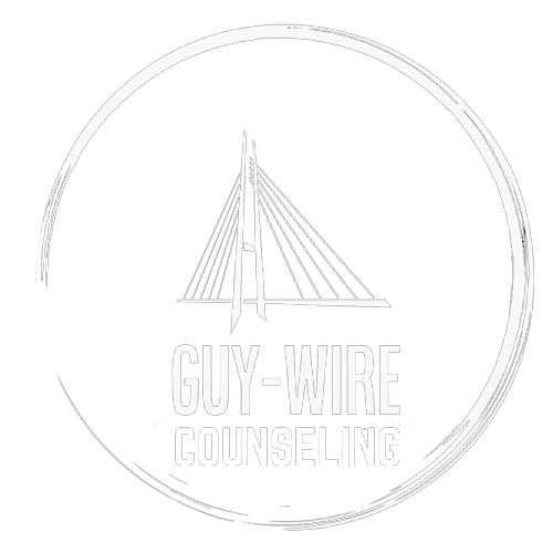 Guy-Wire Counseling: a cable-stayed bridge held steady by its guy-wires, drawn inside a hand-brushed circle
